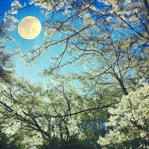 Image similar to The moon was shining in a clearing with flowers, Reflected the sun in blue, Lights in every house Through the foliage of trees, soothing, relaxed, serene, soothing, cozy, calm, quiet, pastel, delicate, elegant, refined, fragrant, soft, airy, elegant, gentle, soft, light