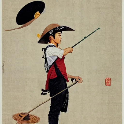 Prompt: A young Japanese man in a straw hat and pirate one piece outfit, art by Norman Rockwell