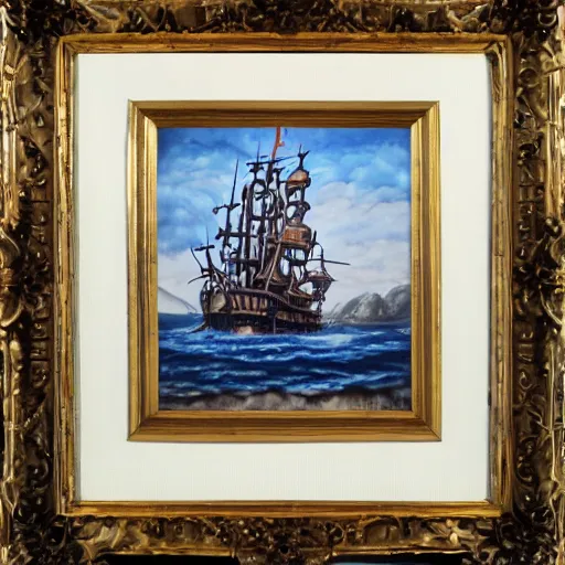 Image similar to oil painting of a pipe organ pirate ship