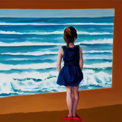 Image similar to girl looking at the ocean waves, Leon Bosko style