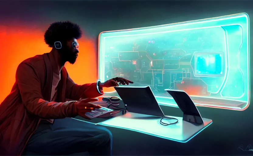 Image similar to handsome black genius hacking the metaverse, vr headset, holographic keyboard and curved digital holographic displays, luxury interior, electric orange glowing lights, highly detailed, digital painting, artstation, concept art, smooth, sharp focus, illustration, art by wlop, mars ravelo and greg rutkowski