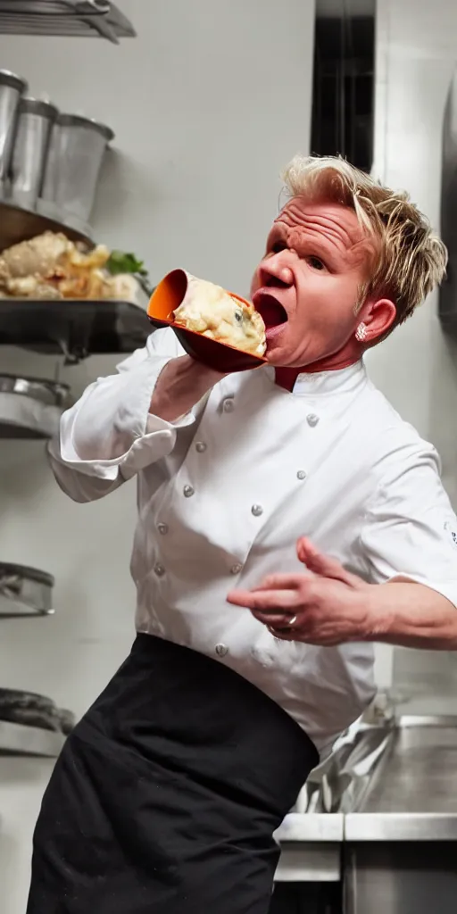 Prompt: Gordon Ramsay eating slop out of a trash can while screaming, still from Kitchen Nightmares, dramatic candid shot, HD 8K 1080p,