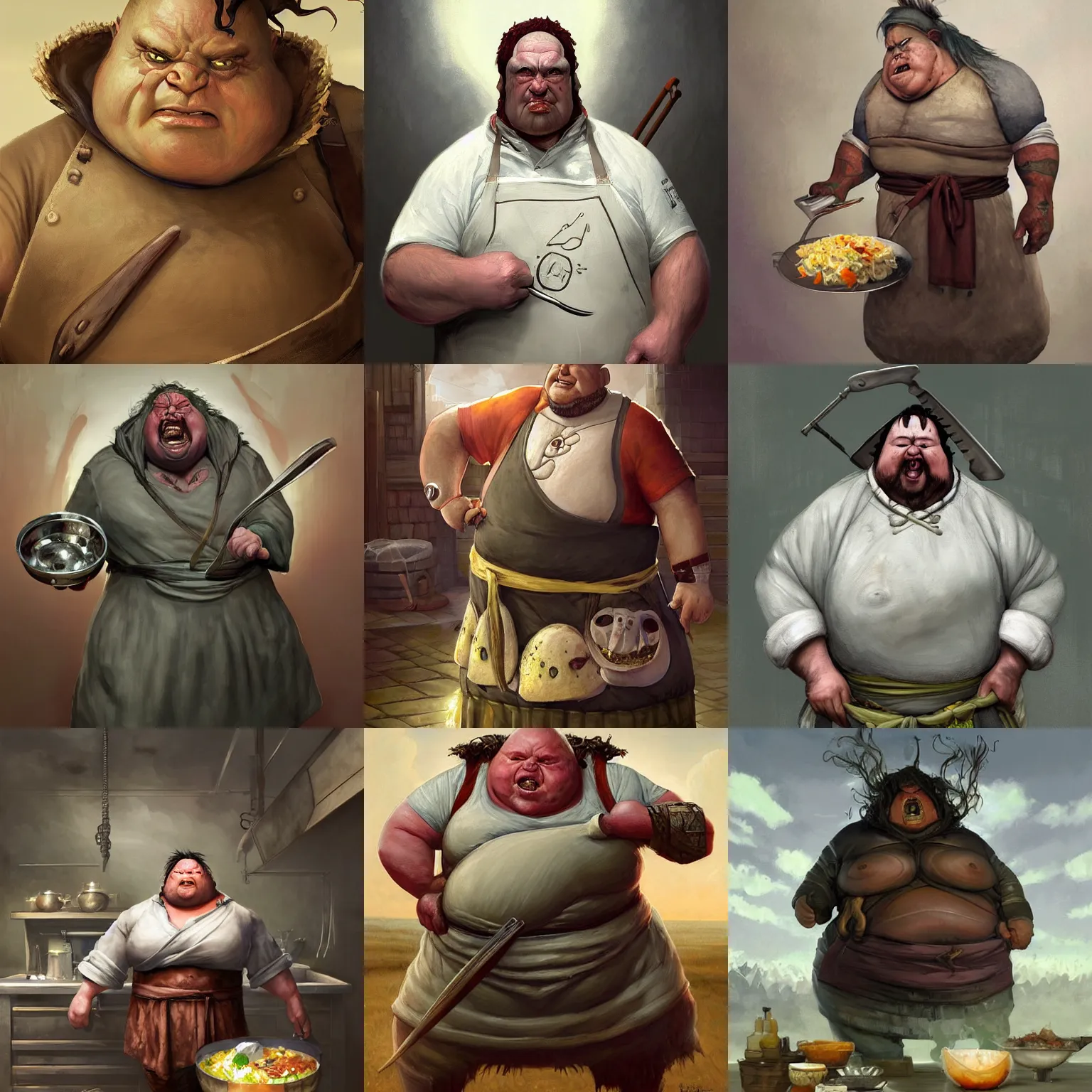 Prompt: fat orc chef with multilayer apron with many cooking accessories, half - life style, highly detailed, digital painting, artstation, concept art, smooth, sharp focus, illustration, artstation, art by giger and greg rutkowski and hikari shimoda and edmund blair leighton and charlie bowater