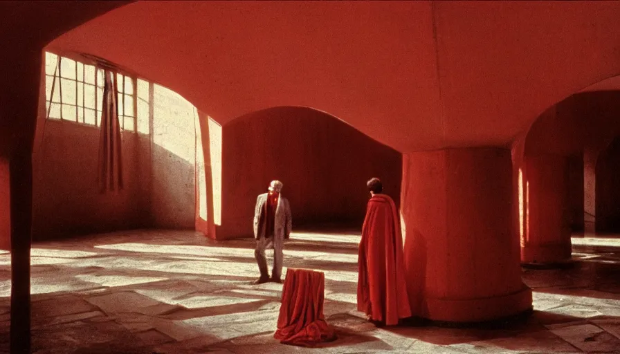 Prompt: 1 9 7 0 s andrei tarkovsky movie still of a man in red drapery in noneuclidian architecture building, by piranesi, panoramic, ultra wide lens, cinematic light, anamorphic
