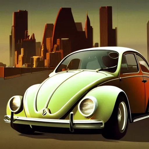 Prompt: What if Syd Mead designed a Volkswagen Beetle, gullwing side doors, future city background, concept art, trending on artstation