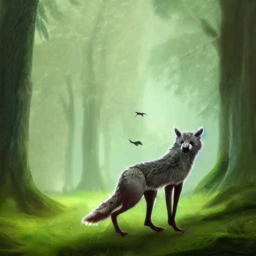 Image similar to a woodland druid in a forest with a wolf bird and racoon, photorealistic, in the style of greg rutkowski, digital painting