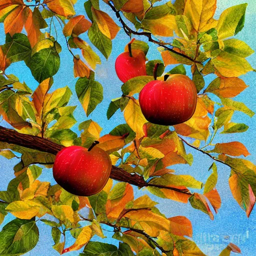 Prompt: Apples fall from autumn trees, digital art