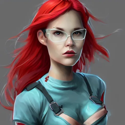 Prompt: a woman wearing a geeky outfit, full body shot, red hair, highly detailed, digital painting, artstation, concept art, smooth, sharp focus, illustration