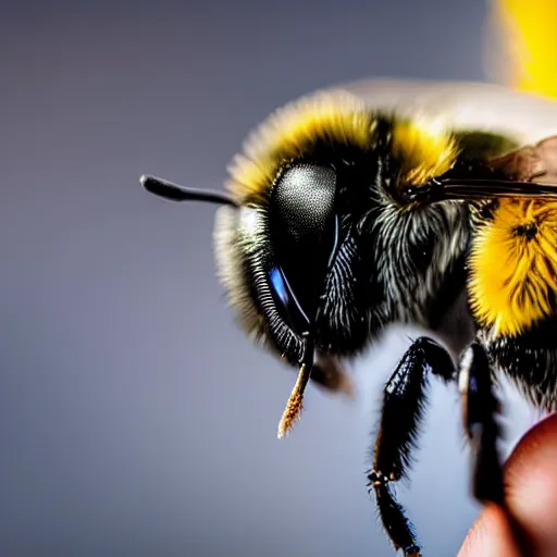 Image similar to a bumblebee resting on the tip of a human finger , depth of field, close up , ultra realistic