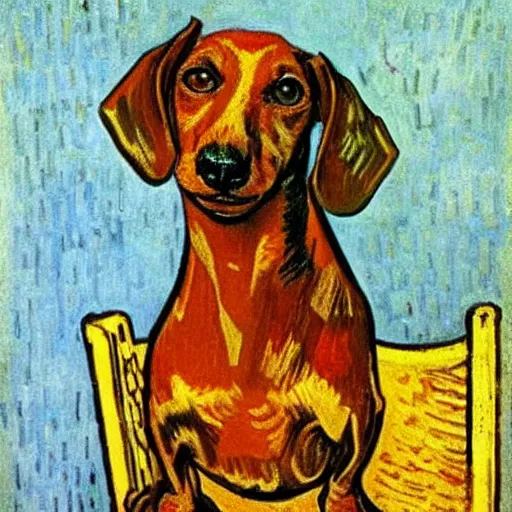 Image similar to Portrait of a dachshund on a chair, painted by Vincent Van Gogh