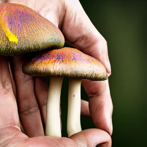 Prompt: a beautiful human male, from his skin colorful mushrooms grow with different shapes, photographed by andrew thomas huang