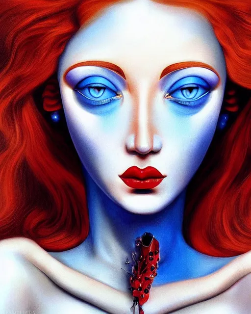 Image similar to a portrait of a beautiful woman with blue eyes and red hair, face in detail, highly surrealistic art in the style of Salvador Dali and Jim Warren, highly detailed, trending on artstationhq