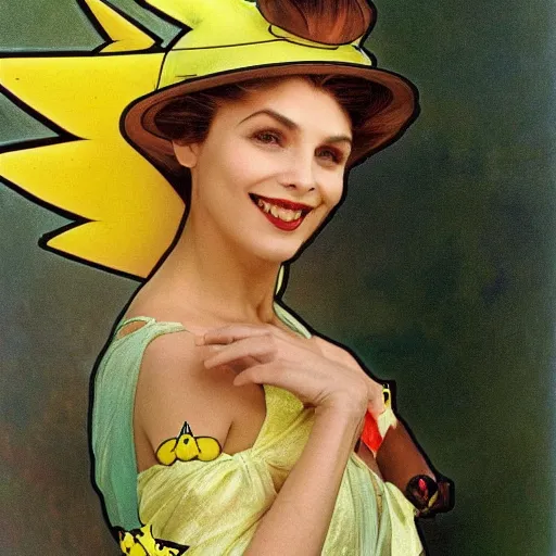 Image similar to elegant woman dressed up as pikachu, art photo by Annie Liebovitz and Alphonse Mucha