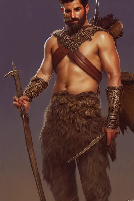 Image similar to full body portrait of a gruff ranger with a spear, lean and toned, handsome face, body hair, D&D, fantasy, intricate, elegant, highly detailed, digital painting, artstation, concept art, matte, sharp focus, illustration, art by Artgerm and Greg Rutkowski and Alphonse Mucha