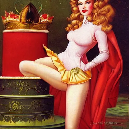 Prompt: royal women jump from the huge cake, long hair, beautiful eyes, by greg hildebrandt fancy 1 5 century oil painting high quality clothed in fancy garb in pin up style