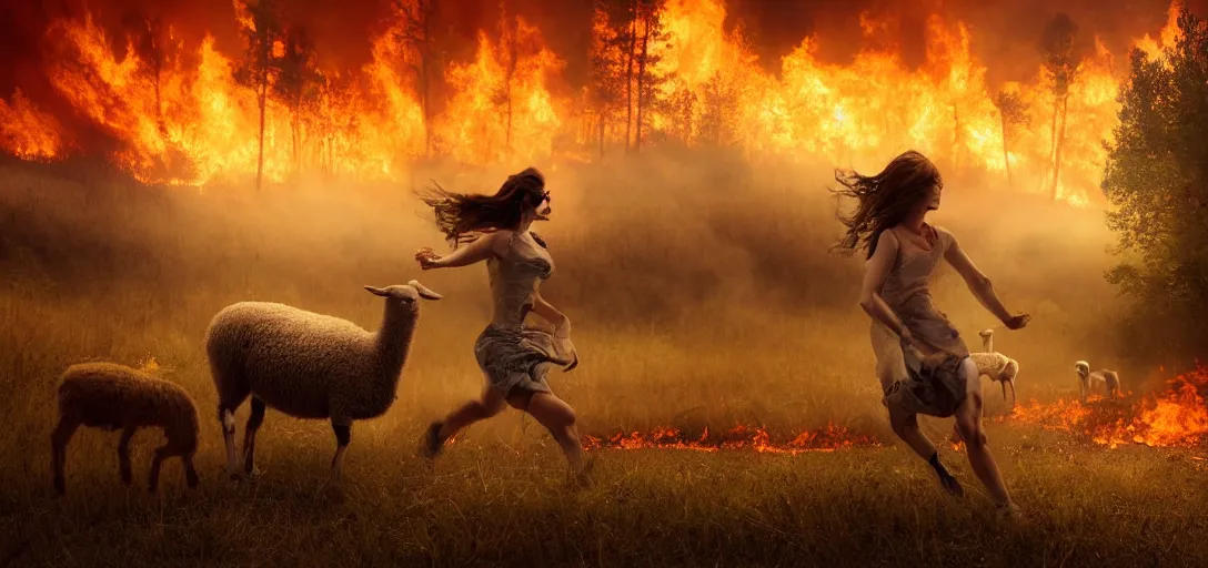 Image similar to full portrait of a young woman and a lamb running from a forest fire, inferno, smoke, flames, dark, gloomy, horror, screaming, a small farm is burning in the distance, insanely detailed, photorealistic, cinematic, dramatic lighting,