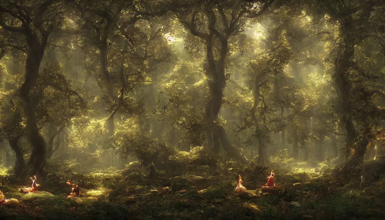 Prompt: a gorgeous dark enchanted forest, in the style of thomas cole and pixar. beautiful beyond imagination! hyperrealism, path tracing, trending on artstation