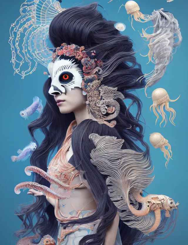 Image similar to 3 d goddess half - turn portrait with long hair with ram skull. beautiful intricately detailed japanese crow kitsune mask and clasical japanese kimono. betta fish, jellyfish phoenix, bio luminescent, plasma, ice, water, wind, creature, artwork by tooth wu and wlop and beeple and greg rutkowski