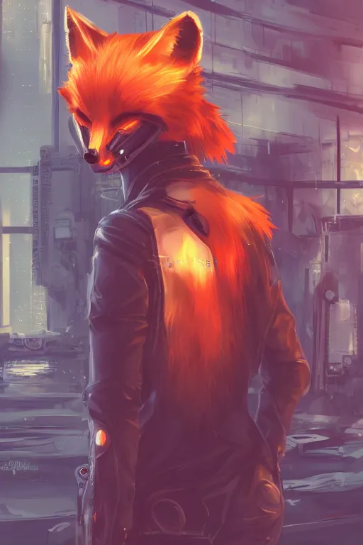 Image similar to an anthropomorphic cyberpunk fox, backlighting, trending on artstation, digital art, furry art, trending on furaffinity, fantasy art, by kawacy, view from behind