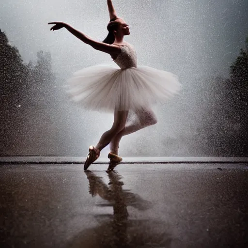 Image similar to portrait of a ballerina dancing in the rain, cinematic light and reflections, beautiful dreamy lighting,