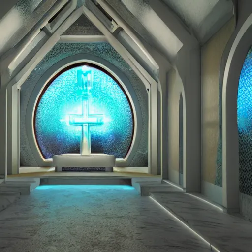 Image similar to vaporwave chapel, liminal space, high detail, rendered in unreal engine, 3d render, god rays, volumetric lighting, large windows, vegetation
