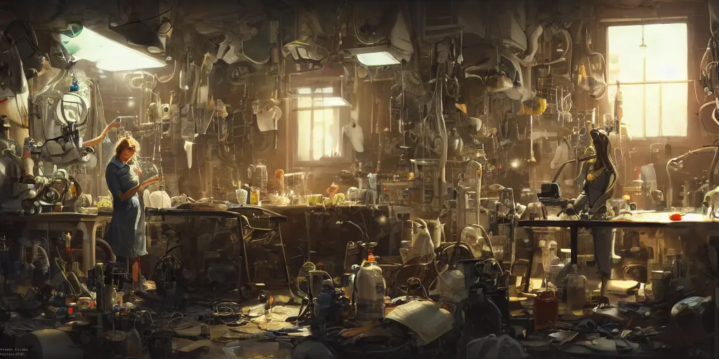 Prompt: an environmental concept art of a female scientist building a robot in a cluttered workshop, highly detailed, cinematic, dramatic lighting by francis tneh