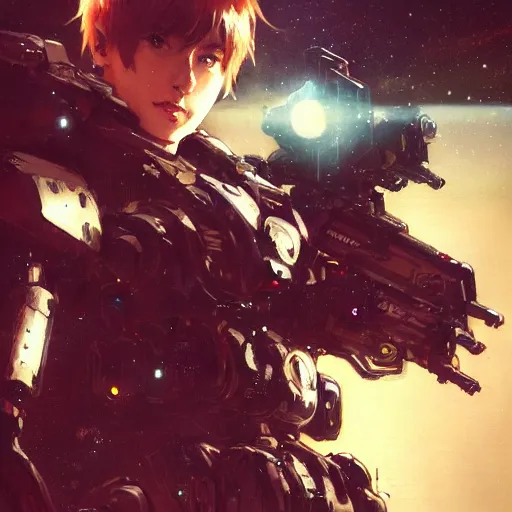 Prompt: bokeh, beautiful detail, stars in the sky, cybernetic, sci-fi space game art, jeon Jungkook holding a gun. alien planet art by Akihito Yoshitomi AND Yoji Shinkawa AND Greg Rutkowski, Mark Arian trending on artstation