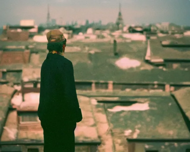 Image similar to lomo photo of man standing on the roof of soviet hrushevka, small town, cinestill, bokeh, out of focus