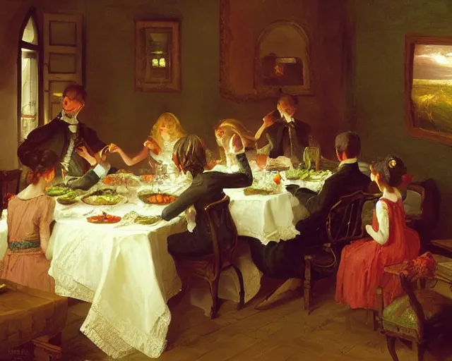 Image similar to an oil painting of victorian dinner, a digital painting by thomas cole, cgsociety, metaphysical painting, 2 d game art, storybook illustration, detailed painting