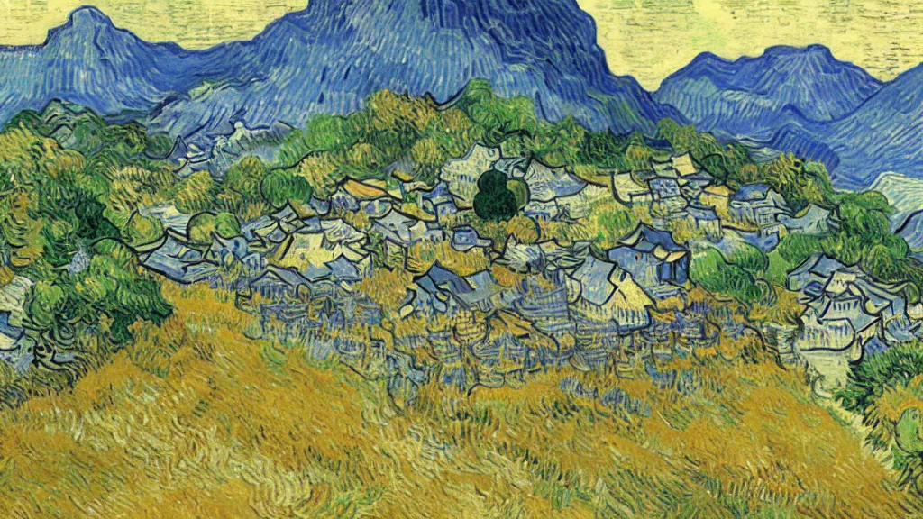 Image similar to Japanese village in the mountains painted by Van Gogh