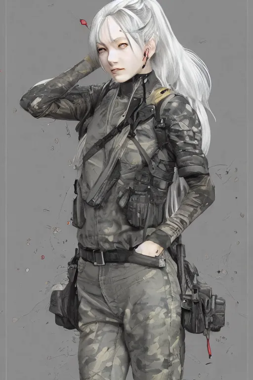 Prompt: girl, silver hair (ponytail), (winking), multicam (camo), trending on artstation, detailed, cinematic portrait, ilustration by Takehiko Inoue ((((and Yoann Lossel))))