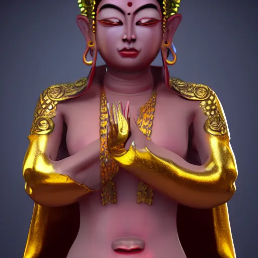 Image similar to naraka buddhist demon korean female, smooth, detailed, glowing in gold, cinematic sparks, unreal engine 5