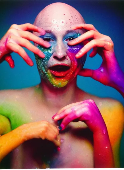 Prompt: detailed color analog medium format photo made by harmony korine, polaroid closeup photo of weird bald hag getting splashed by colorful water and two fingers in studio with two fingers in her eyesockets, rim light, shot with a camera flash, high production value, intricate details, hyperrealistic, photorealistic, high definition, award - winning photography, masterpiece