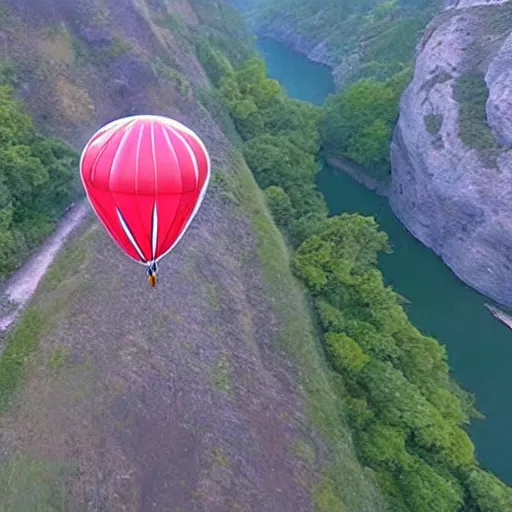 Prompt: a hairy dog with a large open balloon parachute jumping from a cliff. captured by a drone. wide camera. epic