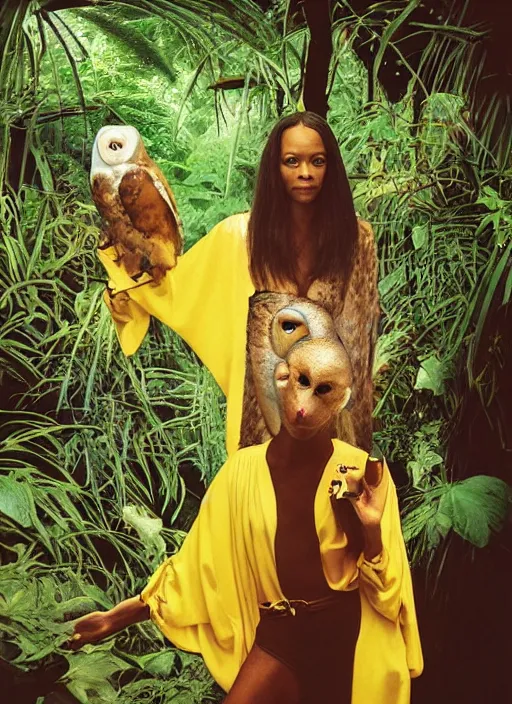 Image similar to grainy head to shoulder portrait Polaroid film photograph of Zoe Saldaña wearing a yellow kimono with a very detailed barn owl on her shoulder!!! in a tropical greenhouse. looking at the camera!!. super resolution. Extremely detailed. Polaroid 600 film. by Annie Leibovitz.