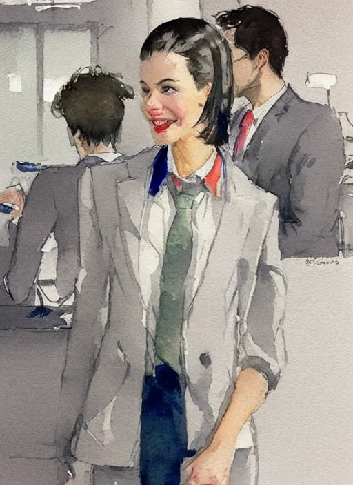 Image similar to concept art of a modern office life, young attractive business woman, pencil miniskirt, pinterest, artstation trending, behance, watercolor, by coby whitmore, silver, laser light,