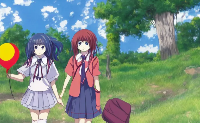 Image similar to anime about a schoolgirl and her monster clown friend trying to navigate the rigors of school life, horror, wholesome, creepy, cute, fantasy anime illustration