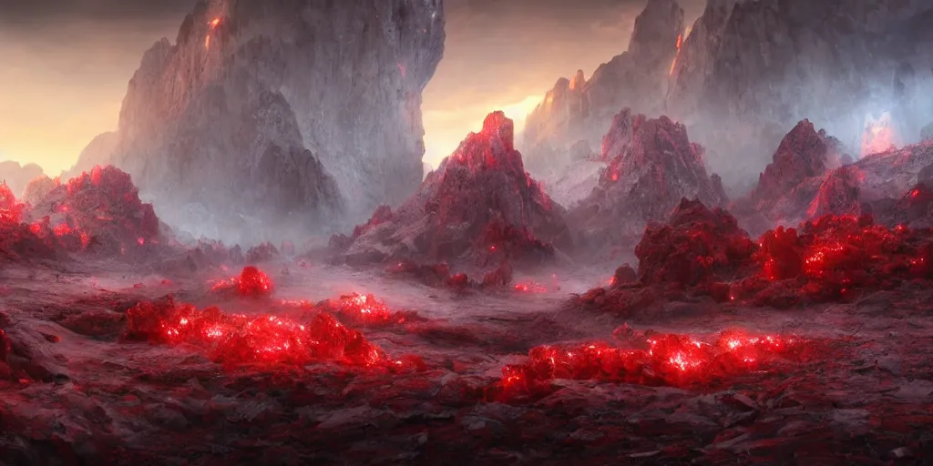 Image similar to a epic landscape full of big red crystals emerging from the ground, concept art, octane render, unreal engine 5, trending on artstation, greg rutkowski, hyperrealistic, highly detailed, high quality, 8 k, dramatic lighting, cinematic, high coherence, high contrast, digital art, high definition, path traced, night