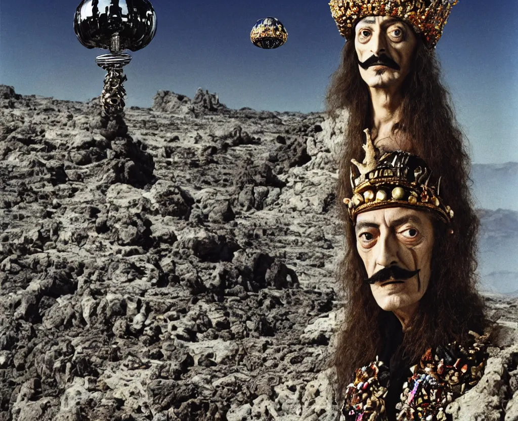 Prompt: portrait of salvador dali wearing a crown and costume with jewels in a dry rocky desert landscape, alien spaceship by giger, film still from the movie by alejandro jodorowsky with cinematogrophy of christopher doyle and art direction by hans giger, anamorphic lens, kodakchrome, very detailed photo, 8 k