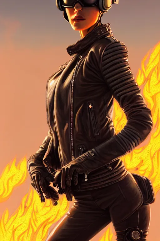 Image similar to a ultradetailed beautiful panting of post apocalyptic woman with motorbike in leather jacket with helmet in front of burning desert, anatomically correct, pretty face, high detailed face, by ilya kuvshinov, greg rutkowski and makoto shinkai, trending on artstation