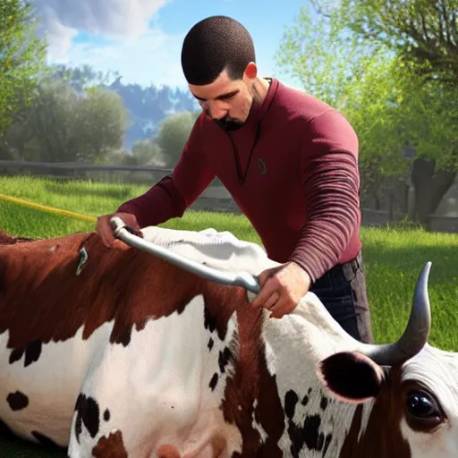 Prompt: detailed drake milking a cow, ultra realistic, 8 k, ultra details, highly detailed face, sharp focus