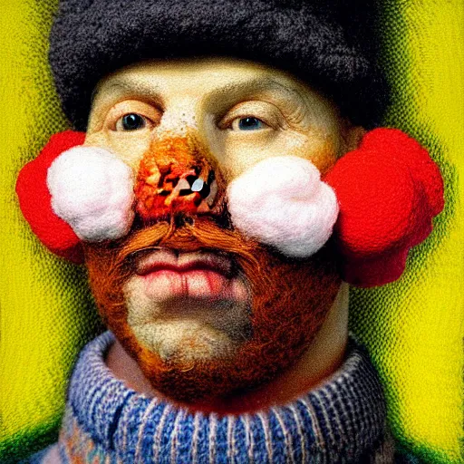 Prompt: portrait photo of a wool sock with face made from pixels and voxels and popcorn, Perfect face, extremely high details, realistic, by Giuseppe Arcimboldo, Edward Hopper, Rene Margitte