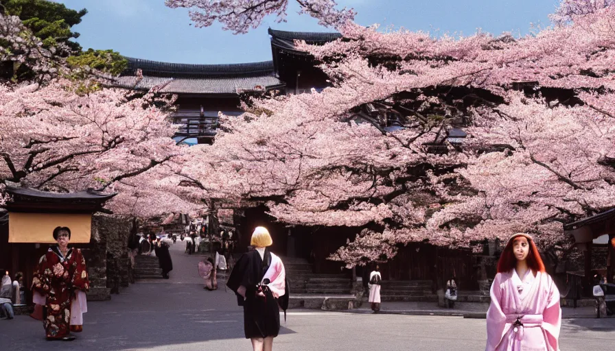 Prompt: movie still by alejandro jodorowsky of a beautiful day in kyoto japan, a girl wearing a gucci kimono is walking down the street, cherry blossoms and a waterfall, cinestill 8 0 0 t eastmancolor technicolor, high quality, very detailed, heavy grain, fine facial features, 8 k, octane render