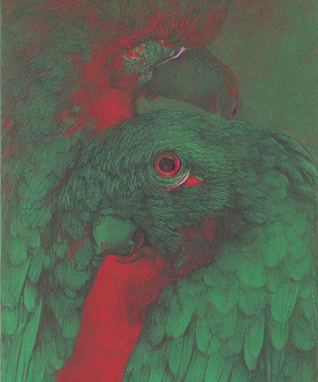 Image similar to beautiful emerald green parrot with red aura and eyes, by zdzisław beksinski, by gustave dore