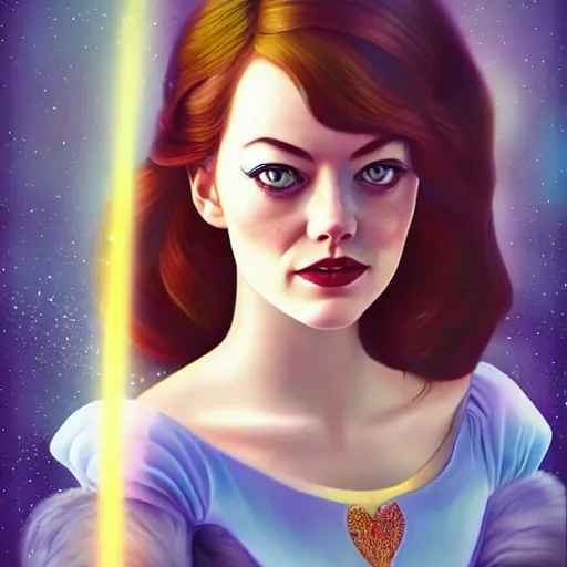 Prompt: digital painting of Emma Stone as a Disney princess wearingSnow White's dress, Pixar style, professional studio lightening, volumetric lightening, photorealism by Tristan Eaton Stanley Artgerm and Tom Bagshaw