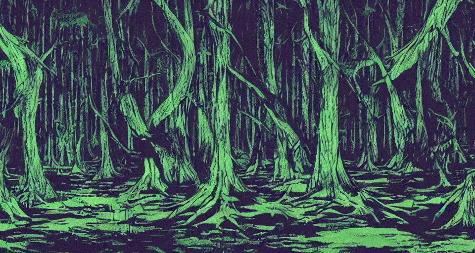 Prompt: A dense and dark enchanted forest with a swamp, from Evangelion