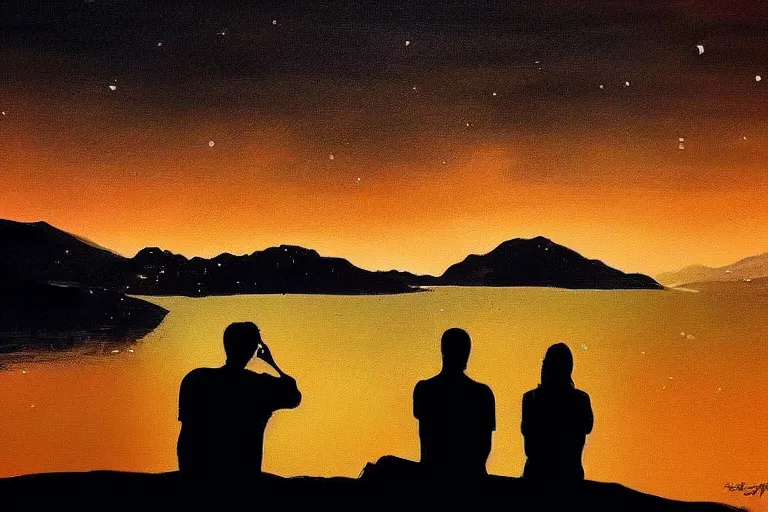 Prompt: dark silhouette of a couple watching fireworks above the mountain lake, bautiful painting by jean hugo, landscape, cinematic lights, artstation, deviant art, pinterest, 8 k