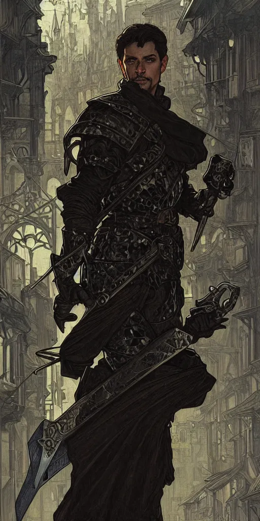 Image similar to portrait of andrei andrei as a thief wearing black leather armor and wielding a dagger in a dark alleyway, fantasy, intricate, elegant, highly detailed, digital painting, artstation, concept art, matte, sharp focus, illustration, art by travis charest and alphonse mucha