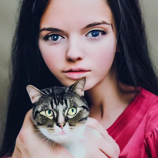 Prompt: a girl with long dark hair holding a cat in her arms, pexels contest winner, rasquache, high quality photo, rtx, hd, shiny eyes, a renaissance painting by sailor moon, anime, anime aesthetic