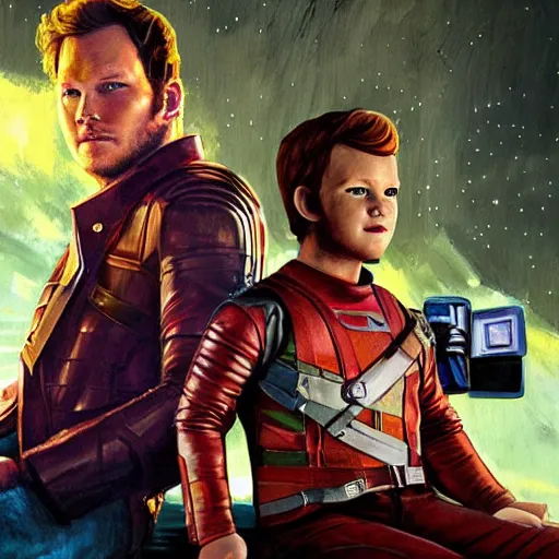 Prompt: the actor chris pratt as star lord sitting beside the doll chucky, disney land as backdrop, oil painting, by greg rutkowski